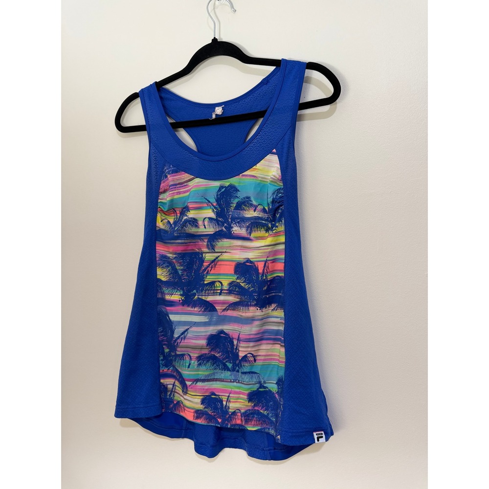Fila Sport Women's Tank Top Large Blue Tropical Palm Tree Racerback Workout